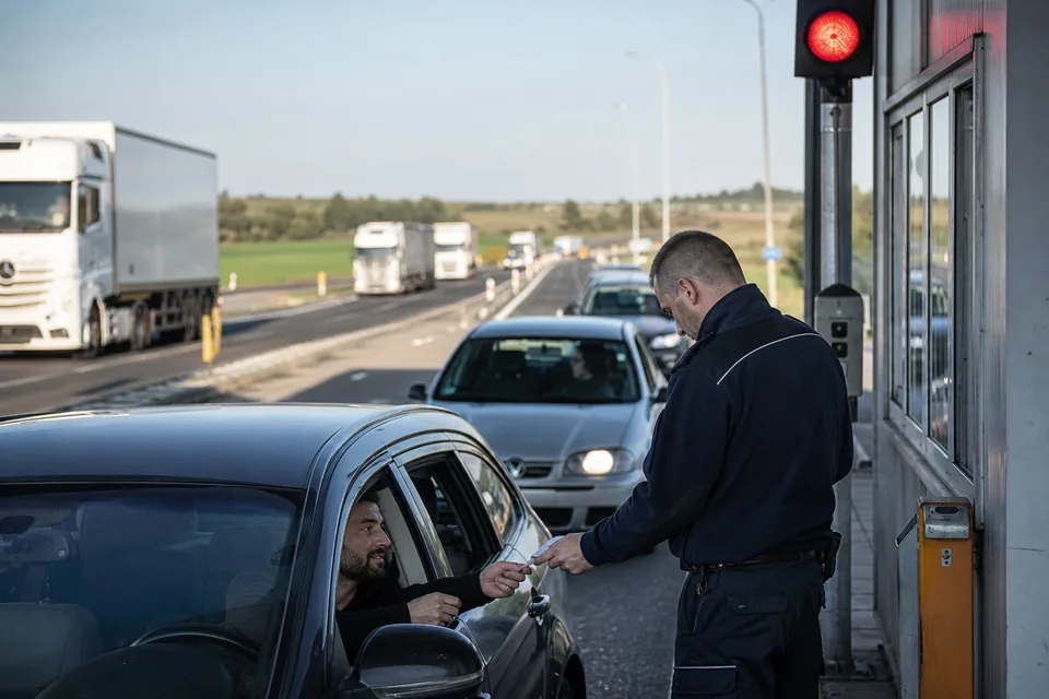 Autostrada przy dawnym przejściu granicznym między Polską a Niemcami, ciężarówki w ruchu