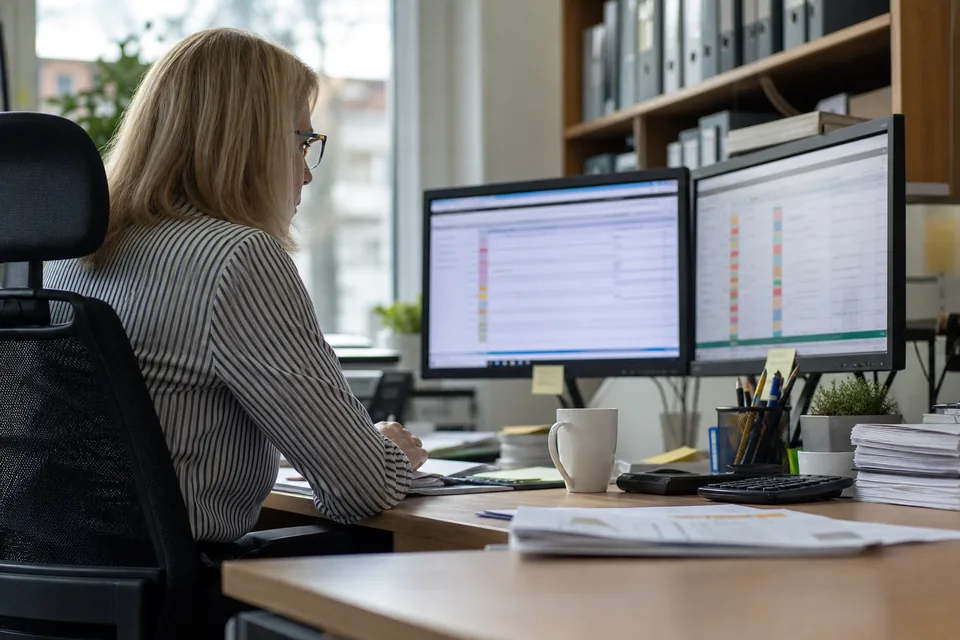Księgowa sprawdza listę kontrahentów z Unii na dwóch monitorach w jasnym biurze