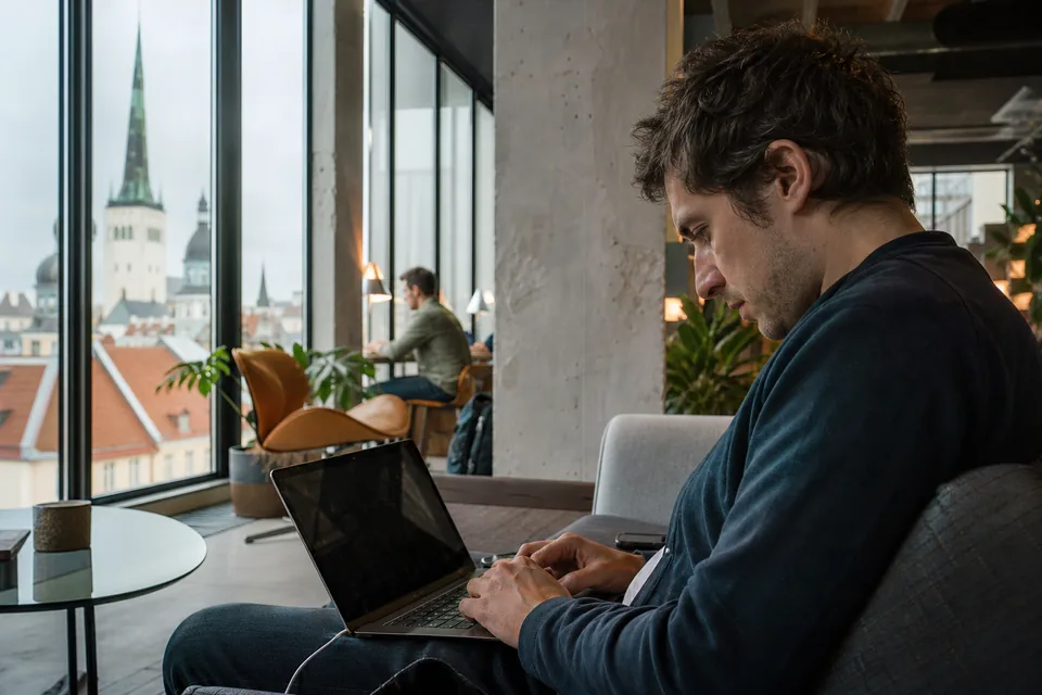 Przedsiębiorca pracuje na laptopie w biurze z widokiem na dachy starego Tallinna