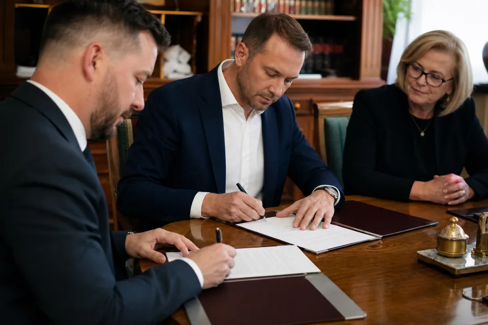 Wspólnicy z Polski i z innego kraju Unii podpisują umowę spółki u notariusza